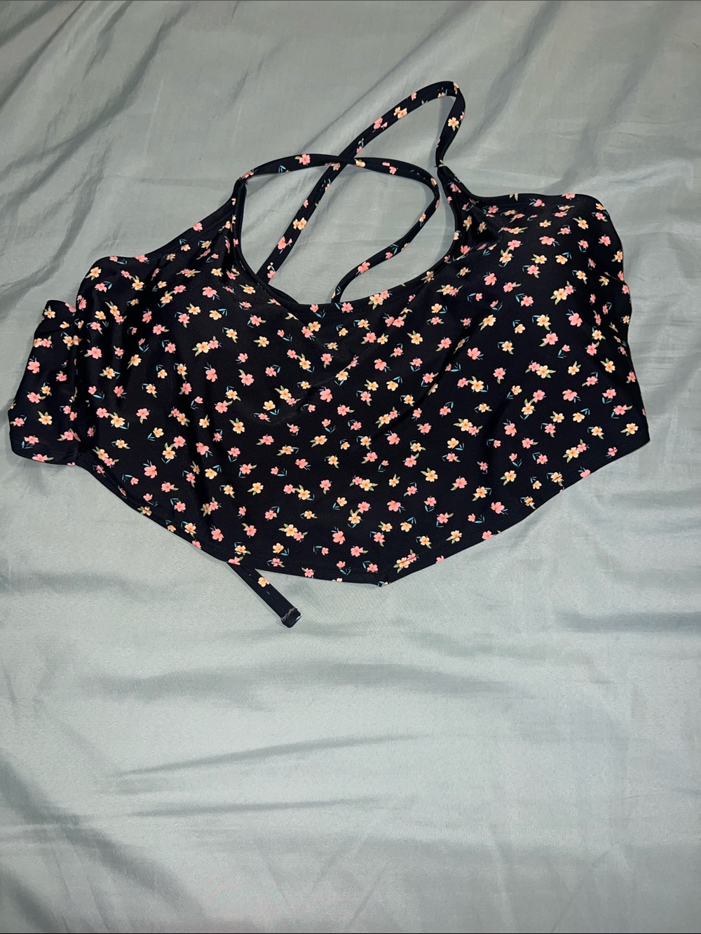 Black Floral Bikini Top with Pink & Yellow Accents